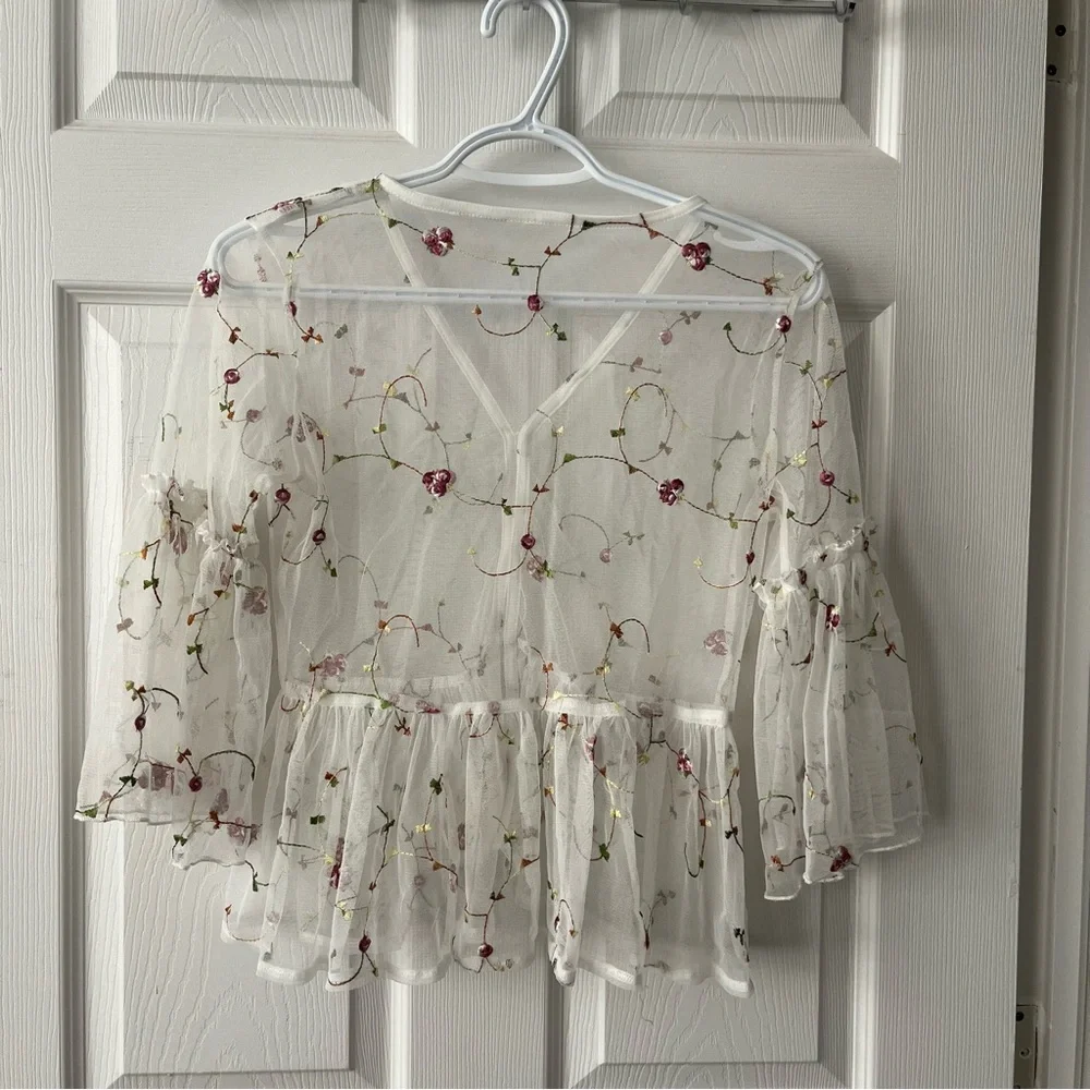 Vintage 90s mesh rose peplum boho top S - Picture 2 of 2